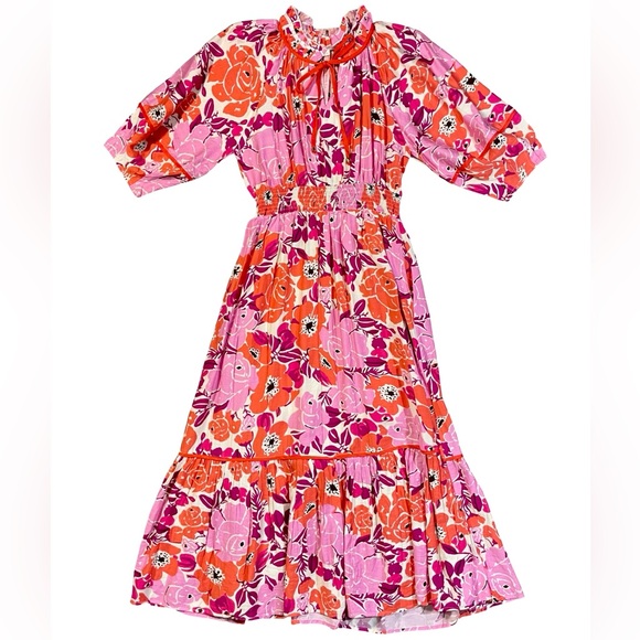 NWT Entro Floral Smocked Tiered Boho Maxi Dress 3/4 Sleeve Size Large - Picture 3 of 7